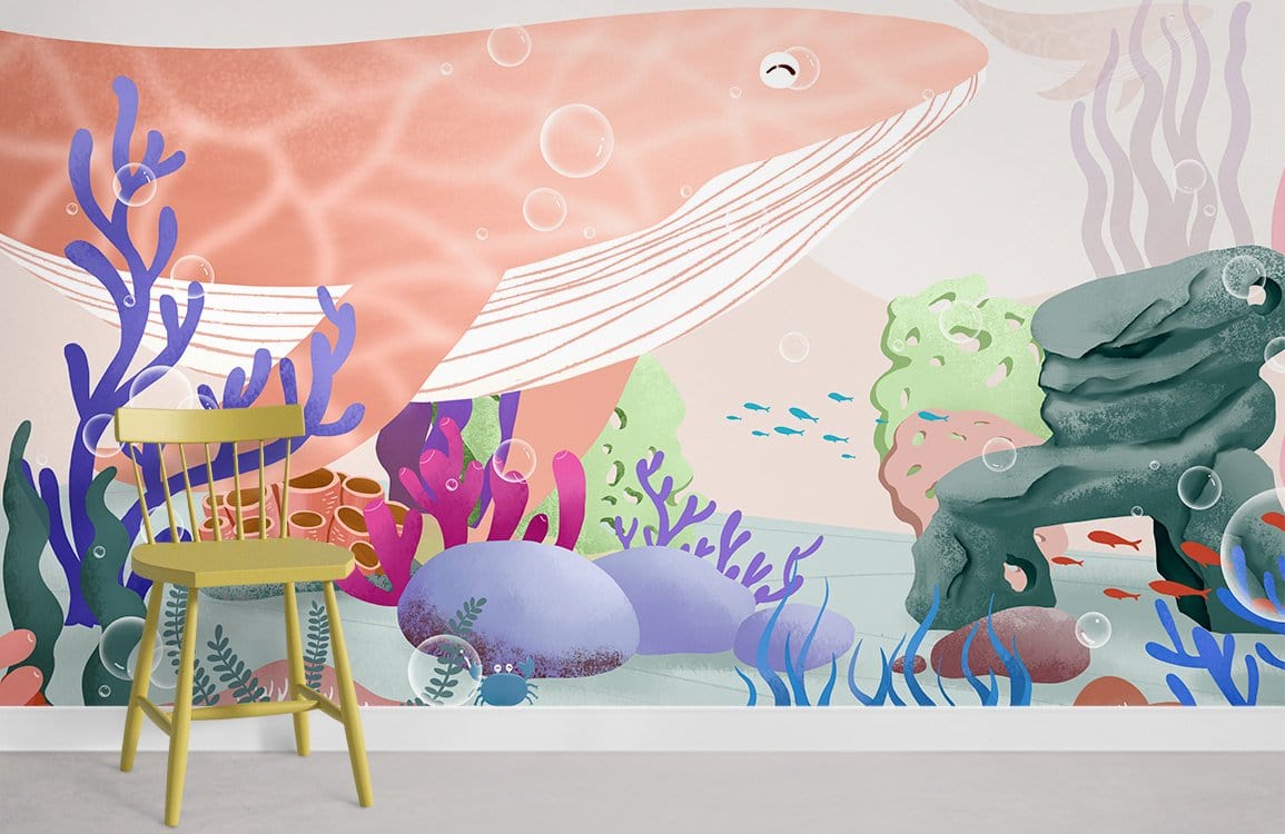 Vibrant Underwater Wonderland mural, coral and whale design, includes yellow chair, pale flooring, playful decor.