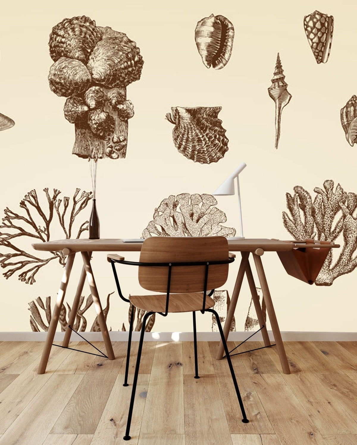 Vintage Sepia Marine Life Wallpaper in home office with wooden desk, chair, and light wood flooring.
