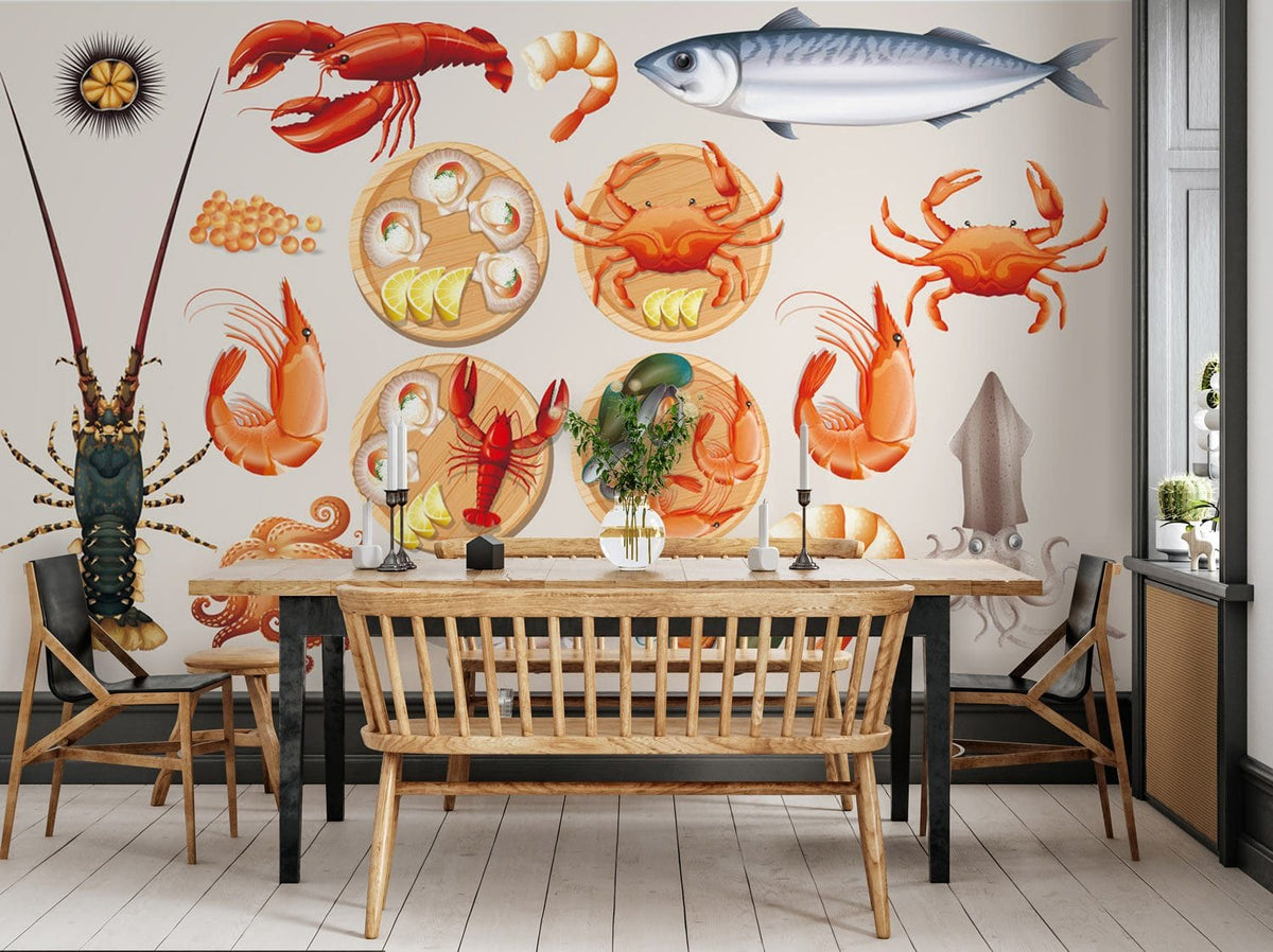 Colourful Seafood Feast Mural Wallpaper in dining room with wooden furniture, light flooring, artistic marine design.