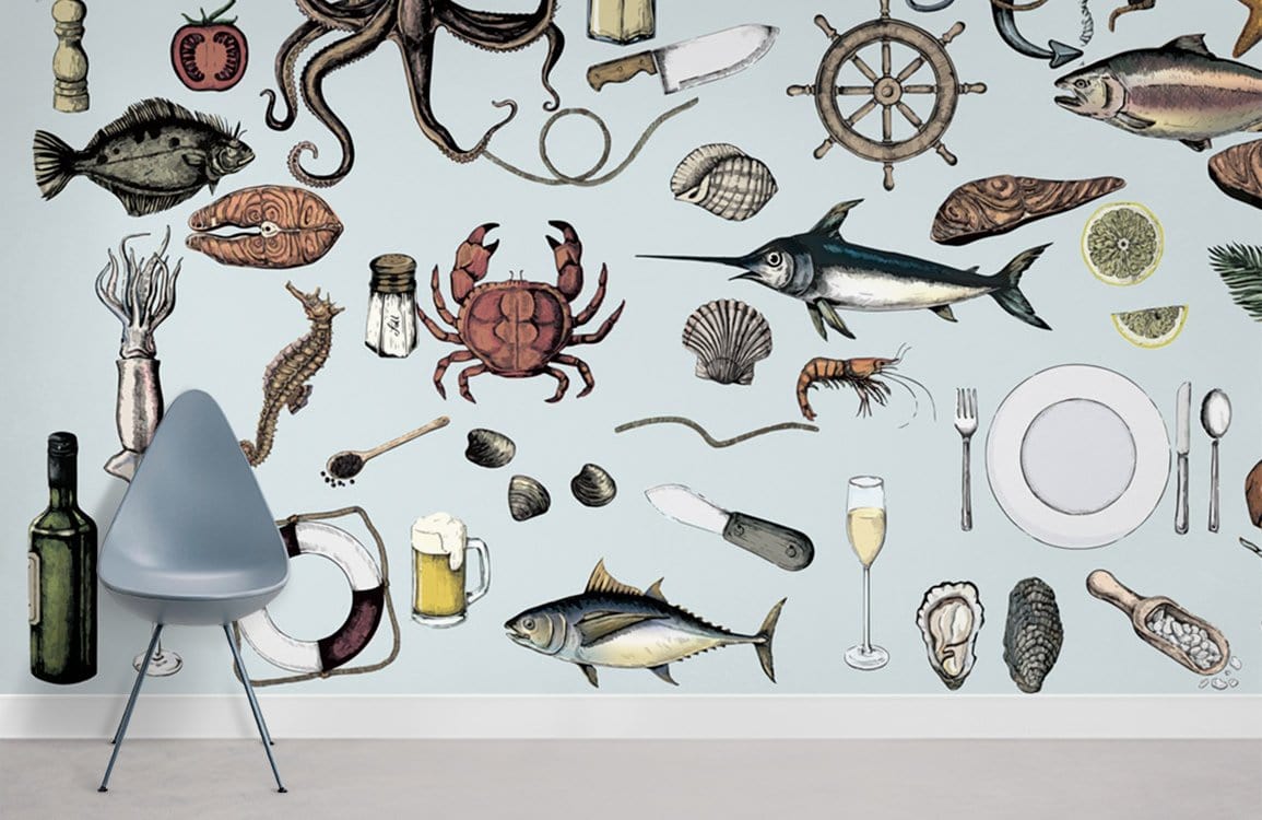 Nautical Ocean vintage seafood wallpaper, coastal blue tones, with modern grey chair, cream flooring.