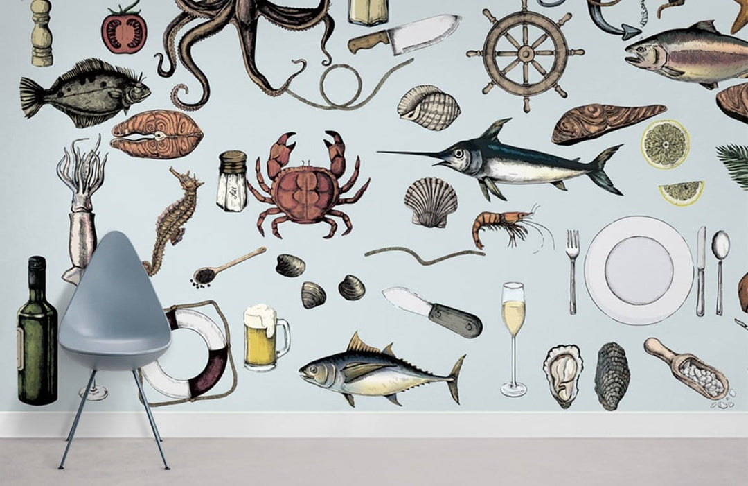 Nautical Ocean vintage seafood wallpaper, coastal blue tones, with modern grey chair, cream flooring.
