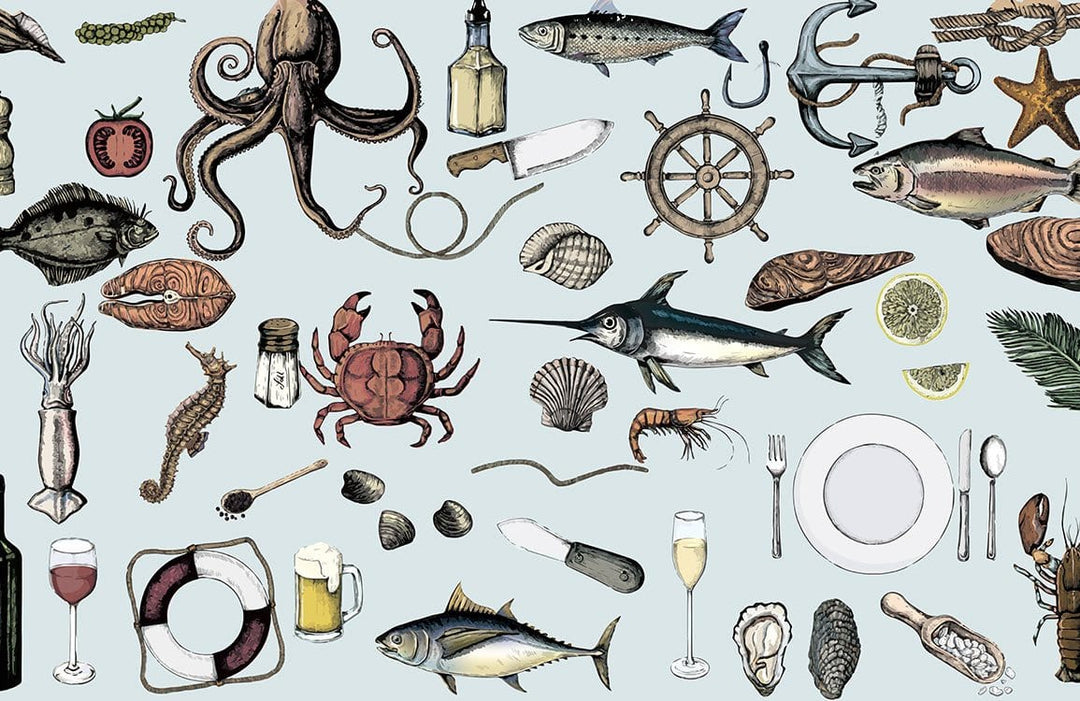 Nautical Ocean-Inspired Vintage Seafood Pattern Wallpaper in Coastal Blue Tones