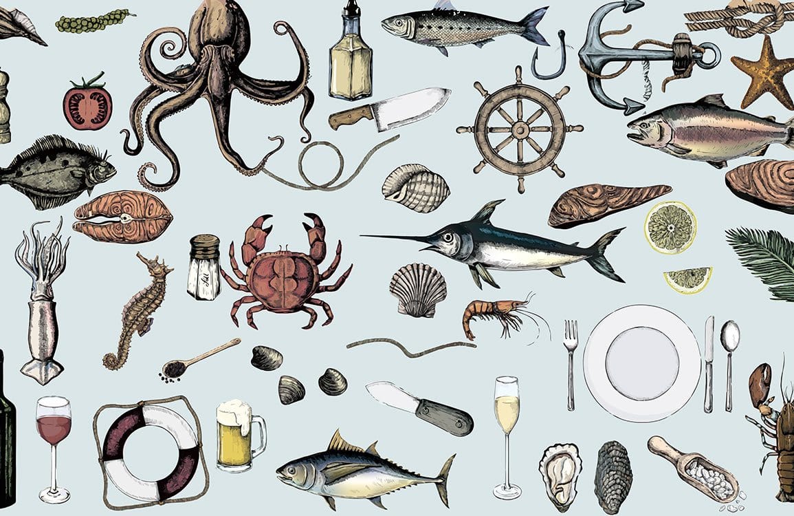 Nautical Ocean-Inspired Vintage Seafood Pattern Wallpaper in Coastal Blue Tones