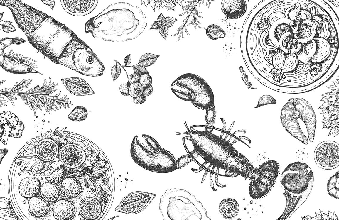 Monochrome Vintage Seafood Illustration Patterned Wallpaper for Kitchen Décor