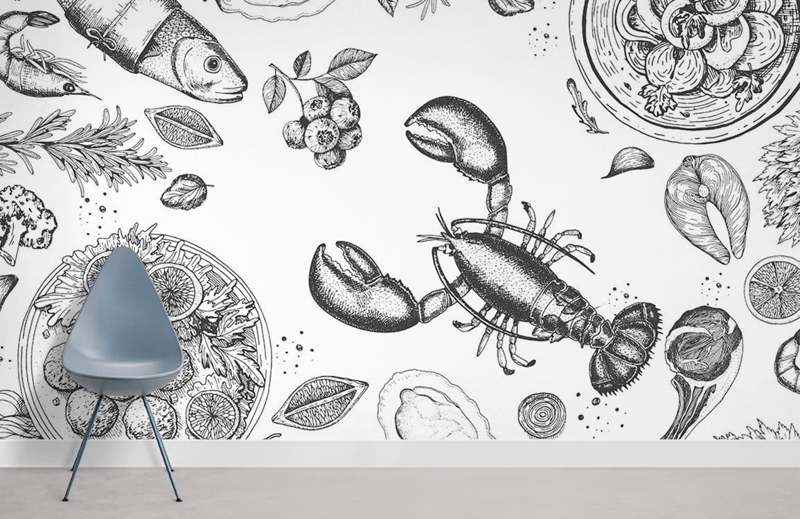 Monochrome vintage seafood wallpaper in kitchen decor, featuring grey chair and concrete flooring.