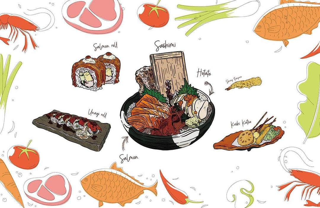 Sushi Feast Illustrated Mural Wallpaper - Colourful Japanese Culinary Delight Design