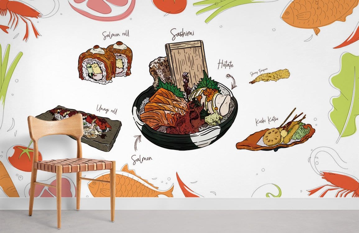 Colourful illustrated sushi mural wallpaper, featuring Japanese cuisine, wooden chair, white and orange accents.