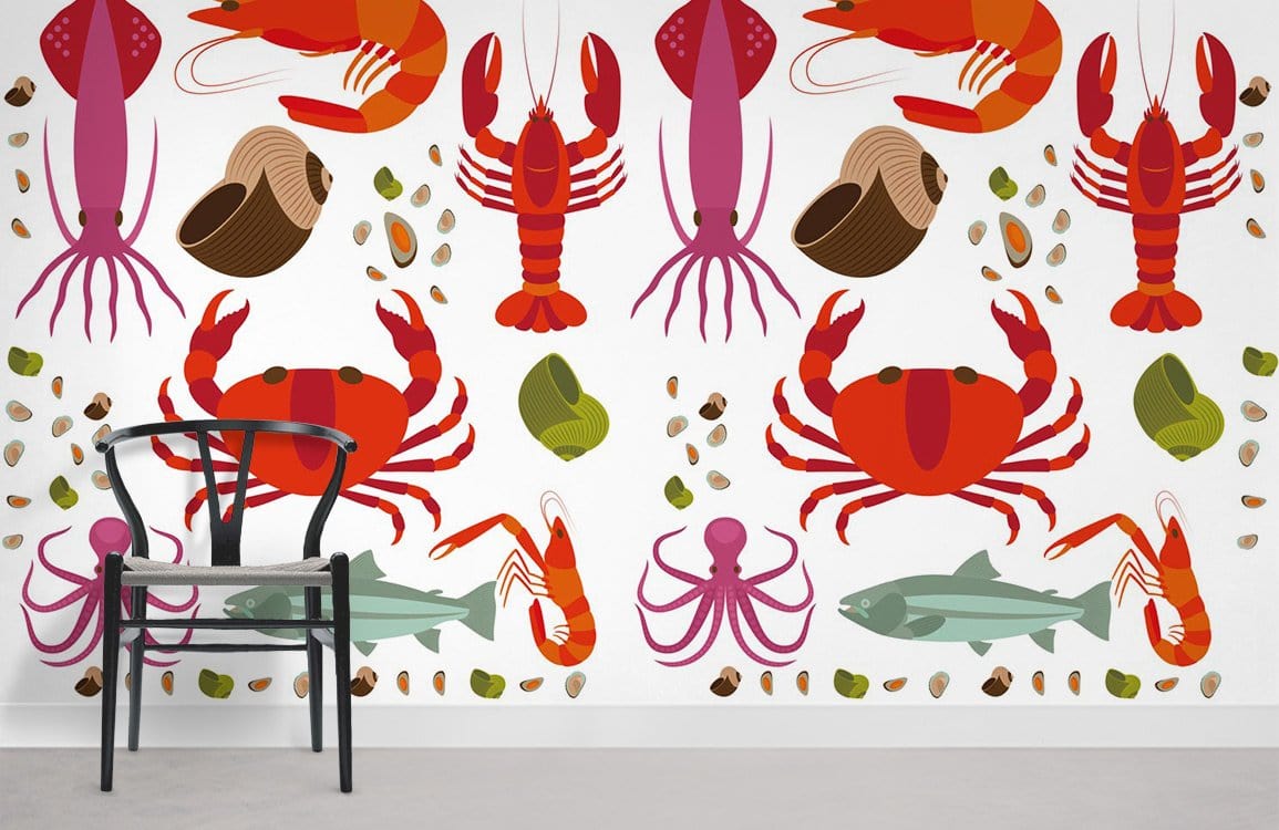 Colourful Marine Life Wallpaper with a Nautical Theme, black chair on grey flooring, seafood decor.