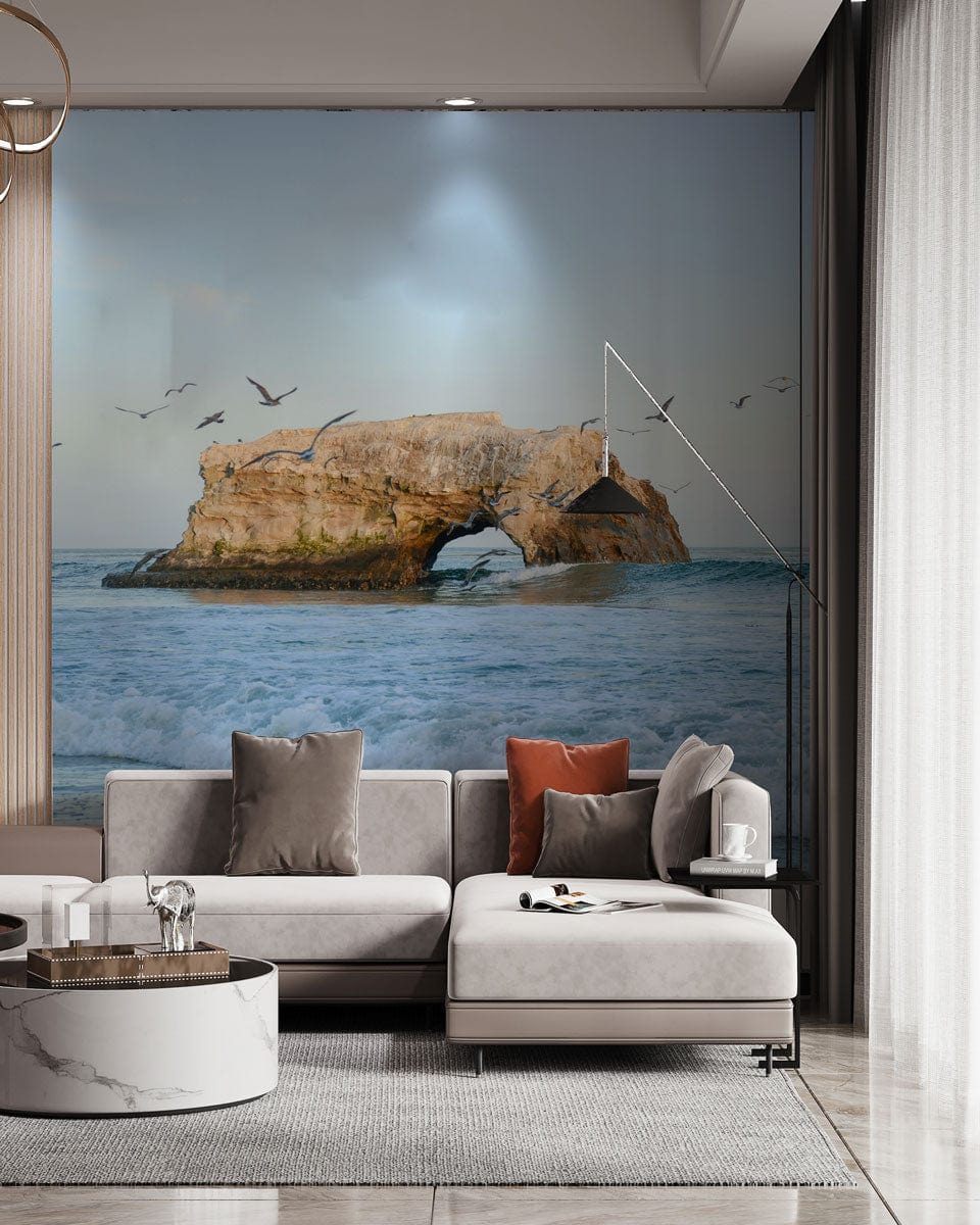 Serene Coastal Seascape Mural in living room with grey sofa, beige walls, marble flooring.