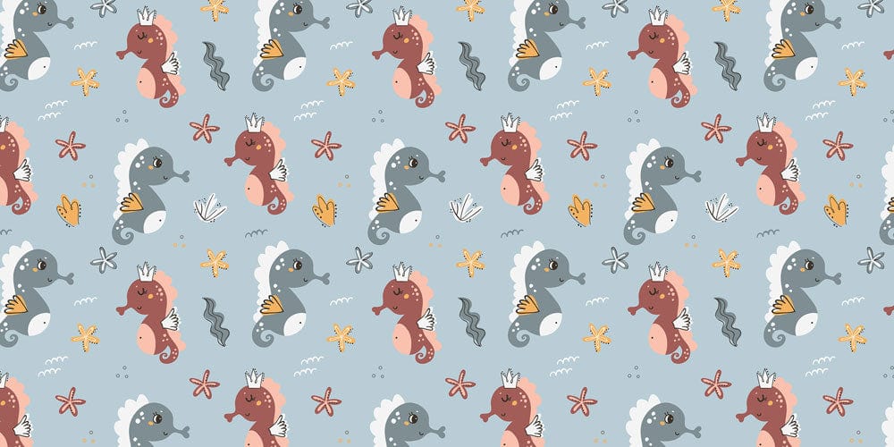 Adorable Seahorse Adventure Blue Kids' Underwater Themed Patterned Wall Covering