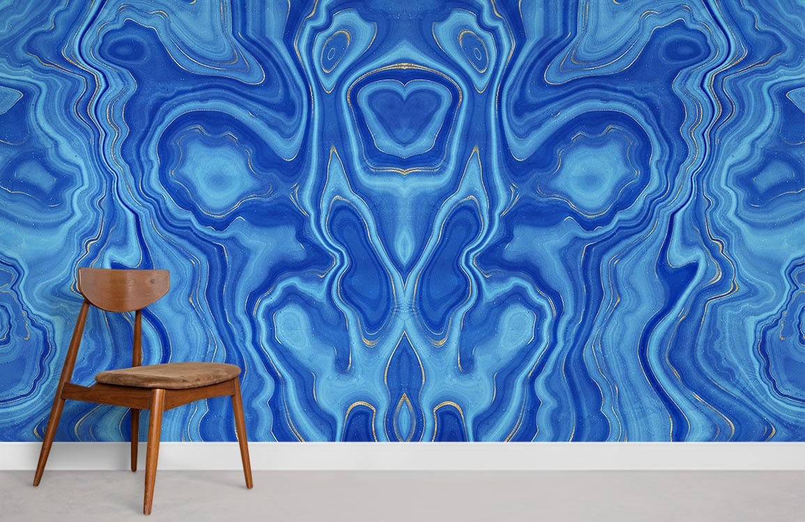 Elegant blue marble wallpaper with brown modern chair on light grey flooring in a stylish room.