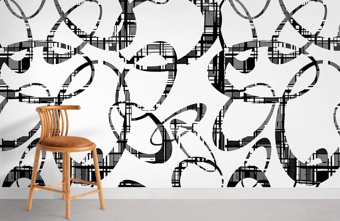 Monochrome swirl pattern wallpaper with chair, grey flooring; elegant black and white geometric design.
