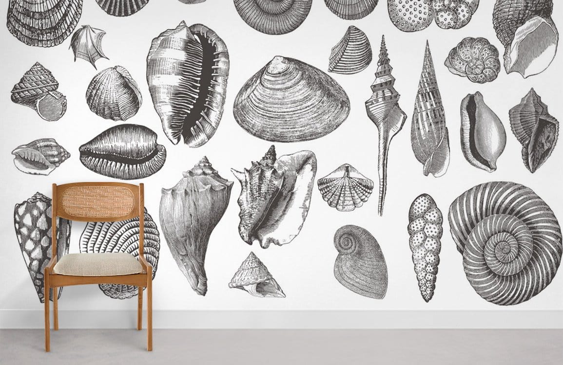 Vintage black and white seashell pattern mural wallpaper with wooden chair on light grey flooring.