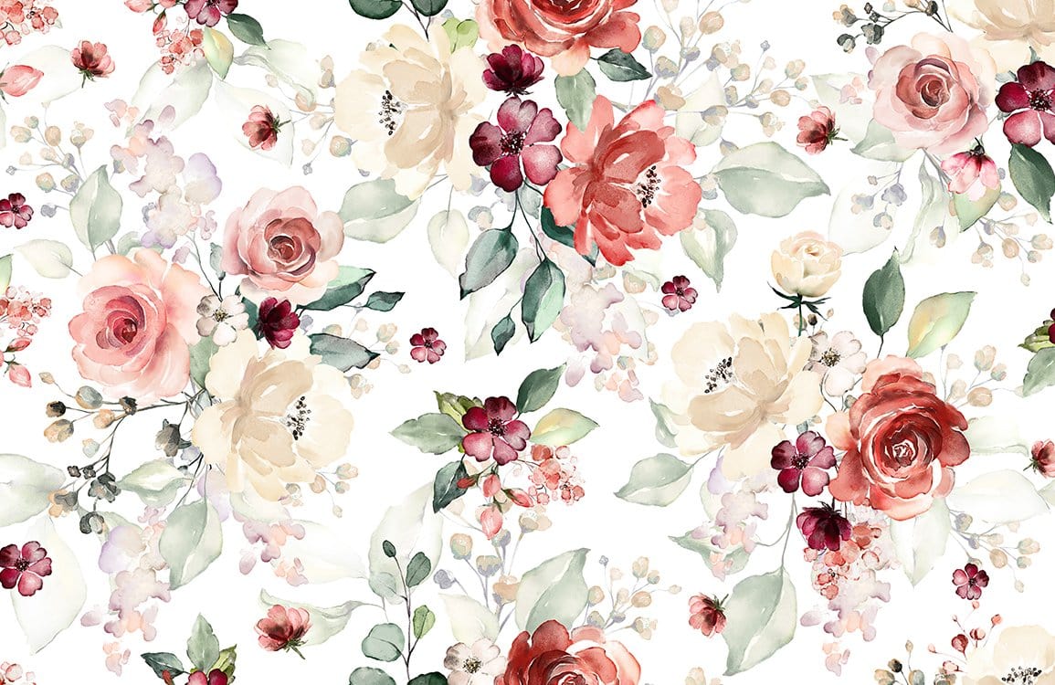 Vintage Floral Garden Mural Wallpaper with Watercolour Roses and Leafy Accents