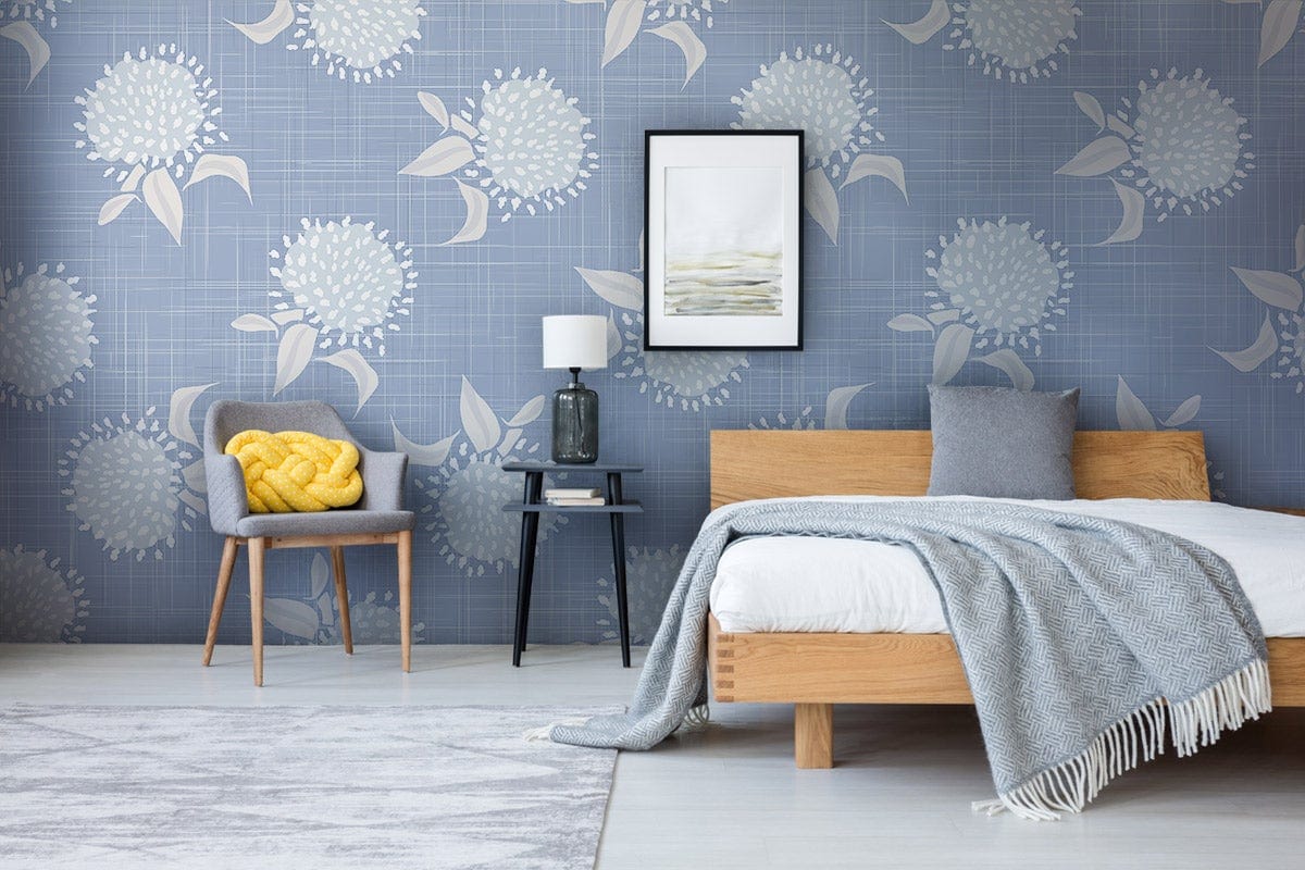 Elegant Blue Floral Wallpaper with Beige Accents in Modern Bedroom, Grey Rug, Minimalist Furniture.