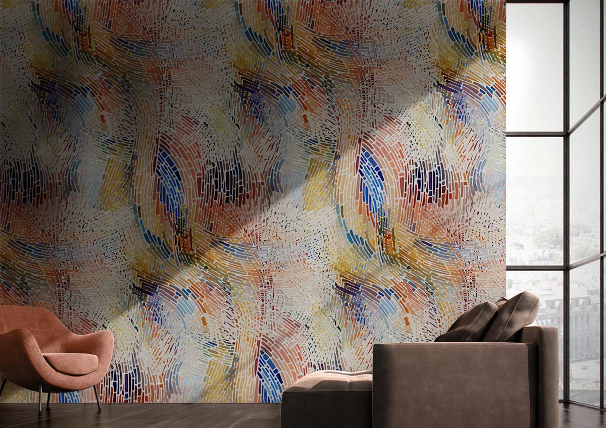 Vibrant abstract multicolour art wallpaper in modern living room, brown velvet sofa, large window view.