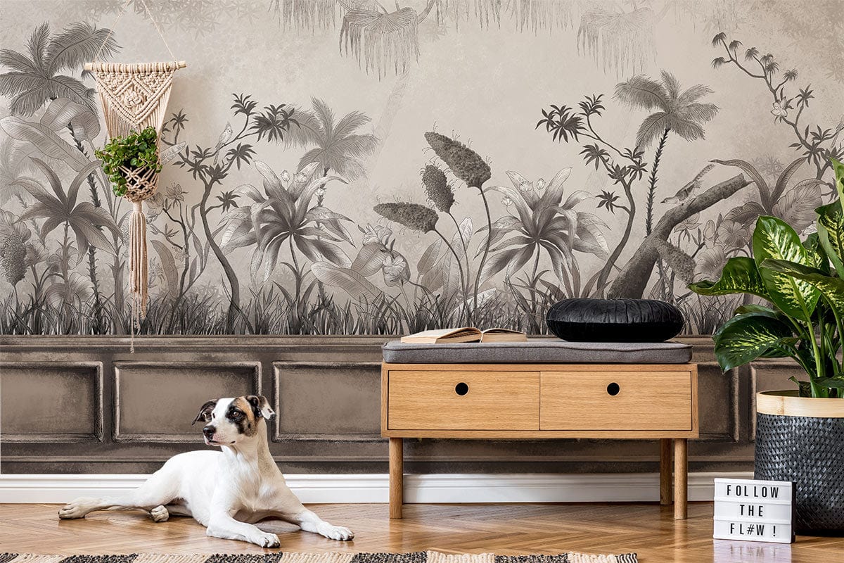 Tropical monochrome jungle mural wallpaper, wooden sideboard, dog, stylish plant decor, neutral room setting.