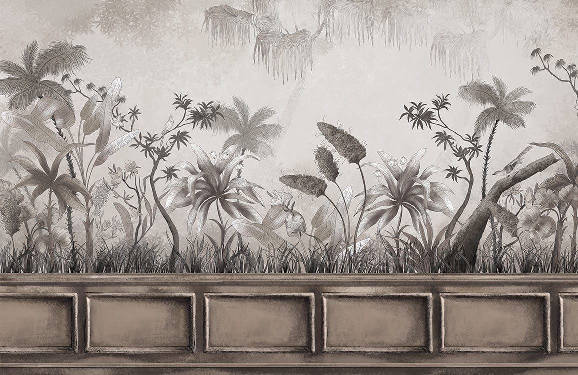 Tropical Monochrome Jungle Mural Wallpaper with Elegant Neutral Tones Design