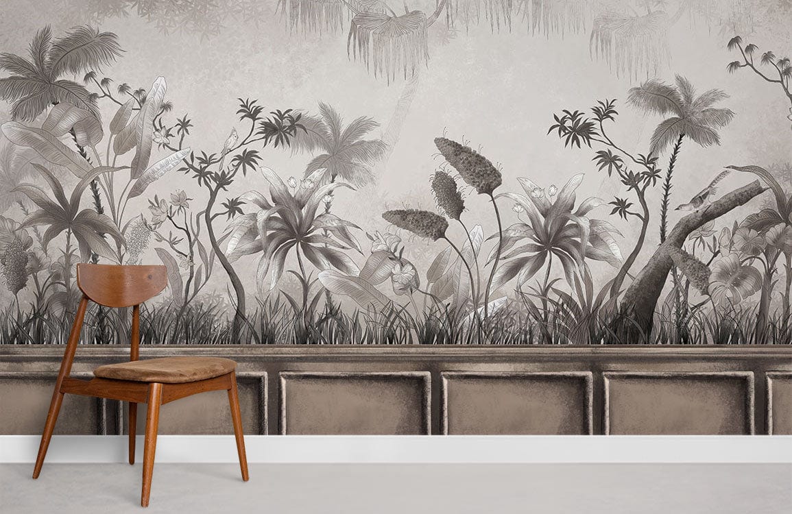 Tropical Jungle Mural Wallpaper, elegant neutral tones, wooden chair, minimalist room, sleek grey flooring.