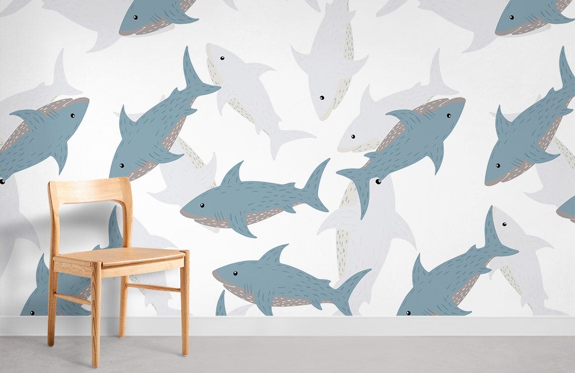 Blue Ocean Shark Pattern Wallpaper in playful marine theme, wooden chair, modern minimalist room design.