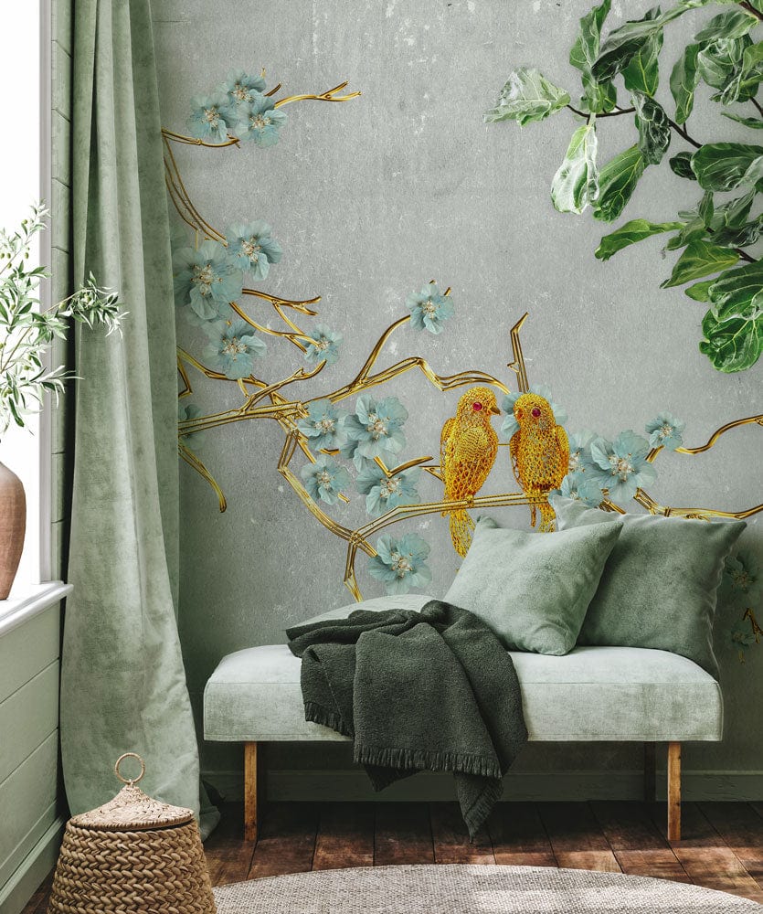 Exquisite grey floral bird mural with gold, mint sofa, green velvet curtain, wooden flooring, living room.
