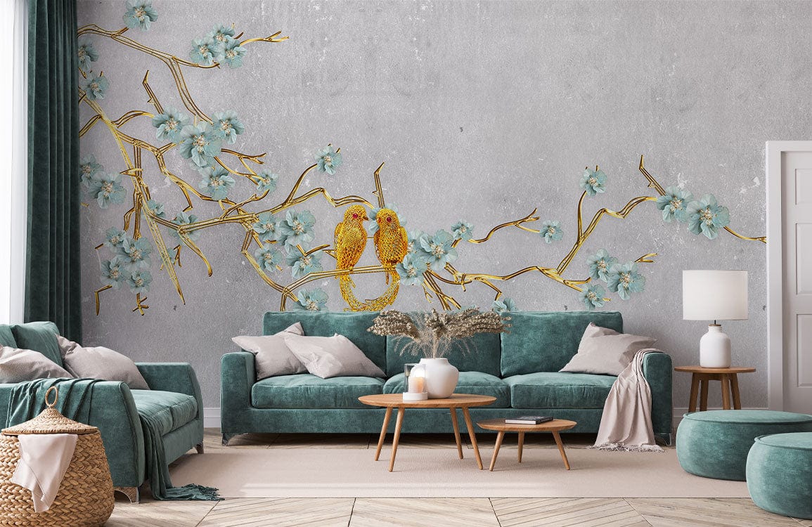 Elegant grey mural wallpaper, featuring birds and branches, complements teal sofa and light wood flooring.