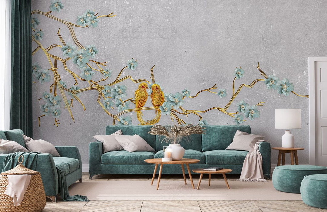Elegant grey mural wallpaper, featuring birds and branches, complements teal sofa and light wood flooring.