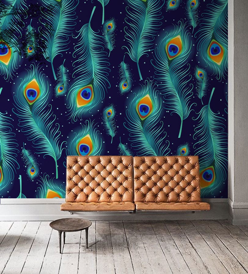 Exotic Peacock Feather Wallpaper in teal, royal blue. Tan leather sofa, wooden floor, living room.