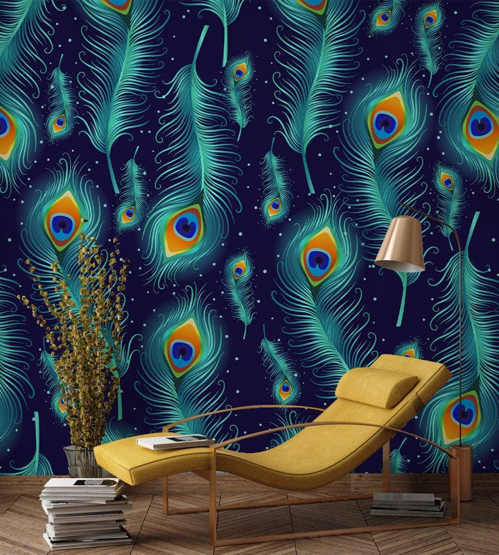 Exotic Peacock Feather Wallpaper in teal, royal blue, with mustard-yellow chaise longue, wooden flooring.