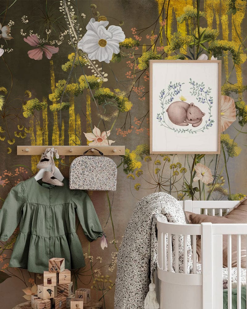 Whimsical floral mural wallpaper in nursery with soft hues, elegant cot, vintage botanical wall decor.