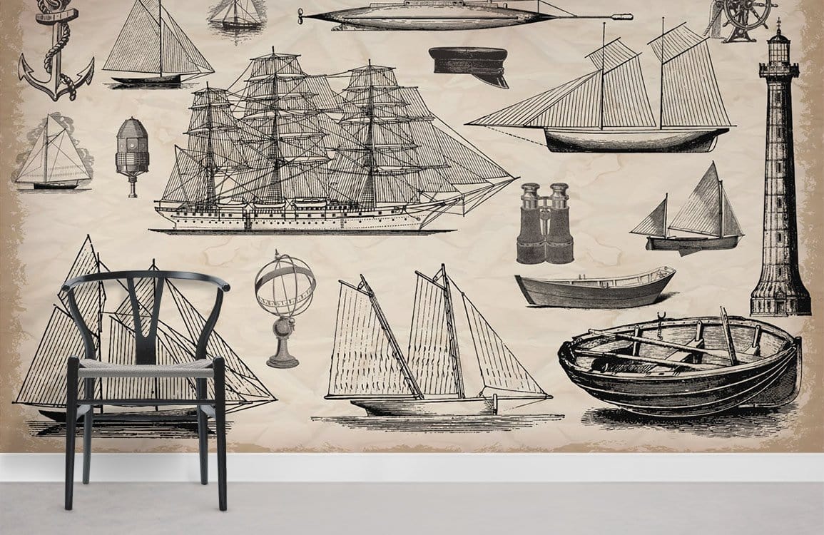 Vintage Nautical Adventures Mural Wallpaper, antique ships, beige wall, black chair, grey floor, living room.