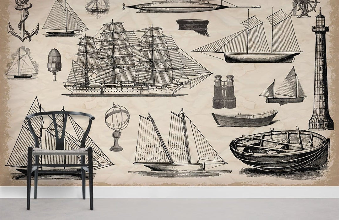 Vintage Nautical Adventures Mural Wallpaper, antique ships, beige wall, black chair, grey floor, living room.