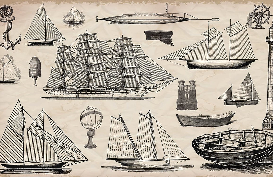 Vintage Nautical Adventures Mural Wallpaper with Antique Ship Illustrations Design