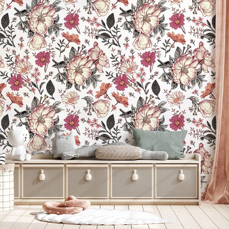 Vintage floral wallpaper with pink blossoms, cream foliage; nursery bench, pastel cushions, curtain detail.