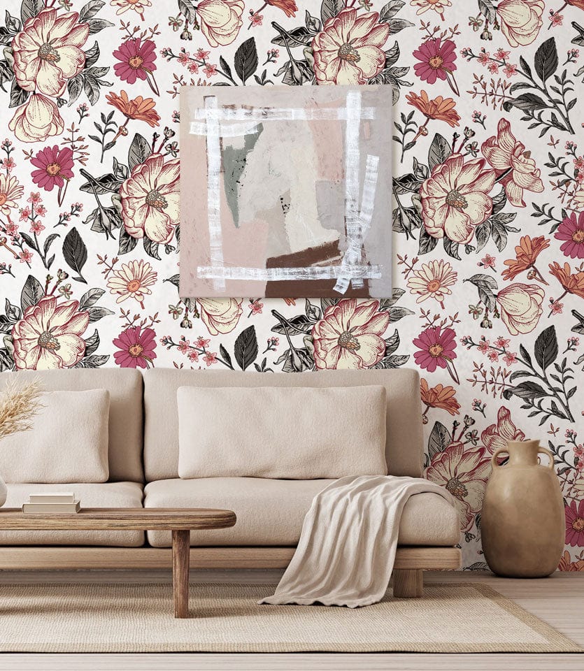 Vintage floral wallpaper with pink blossoms, cream sofa, wooden coffee table, and abstract wall art.