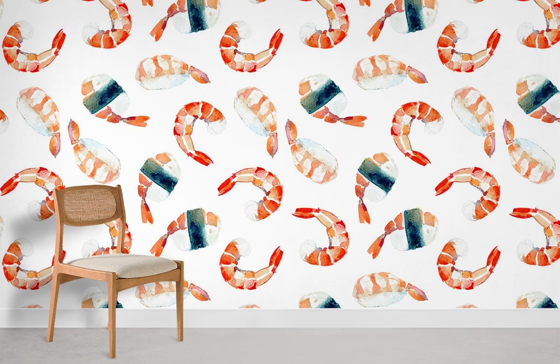 Vibrant watercolour seafood wallpaper with orange prawns; wooden chair on light grey flooring. Nautical design.