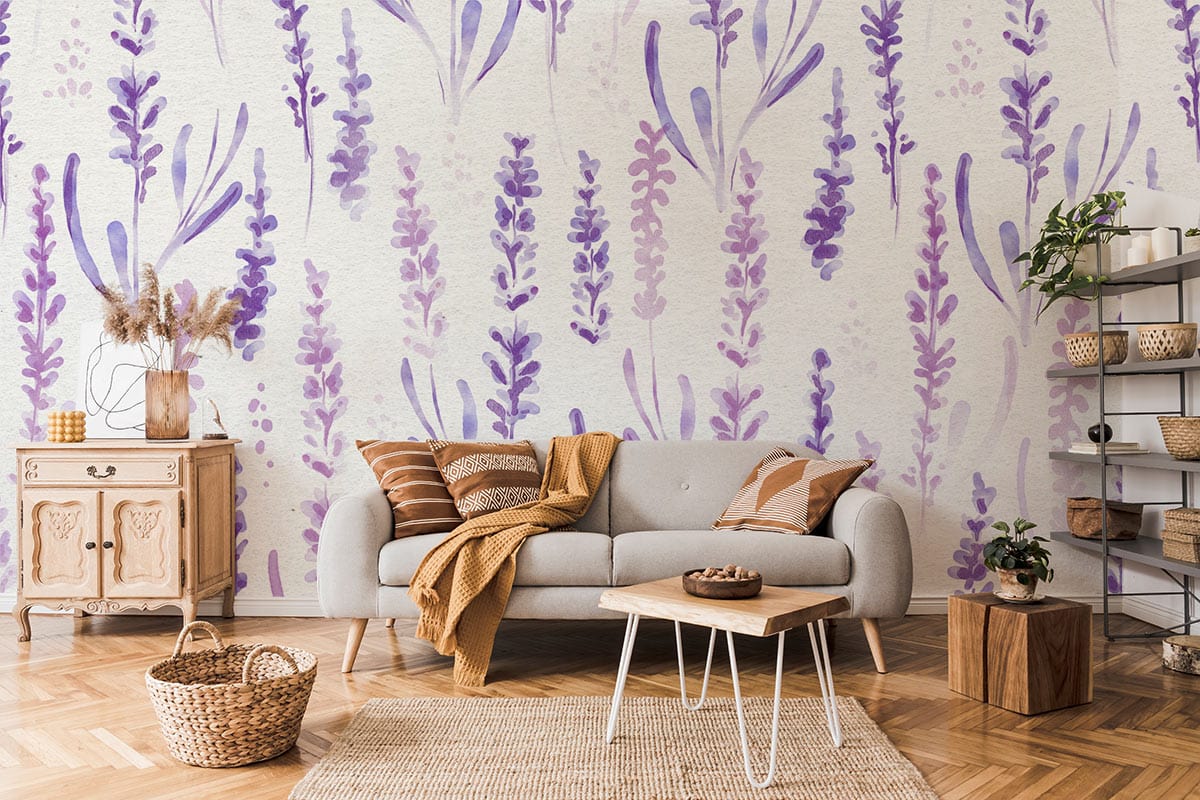 Lavender Bliss wallpaper, soft purple floral, grey sofa, rustic cabinet, wooden flooring, modern living room.