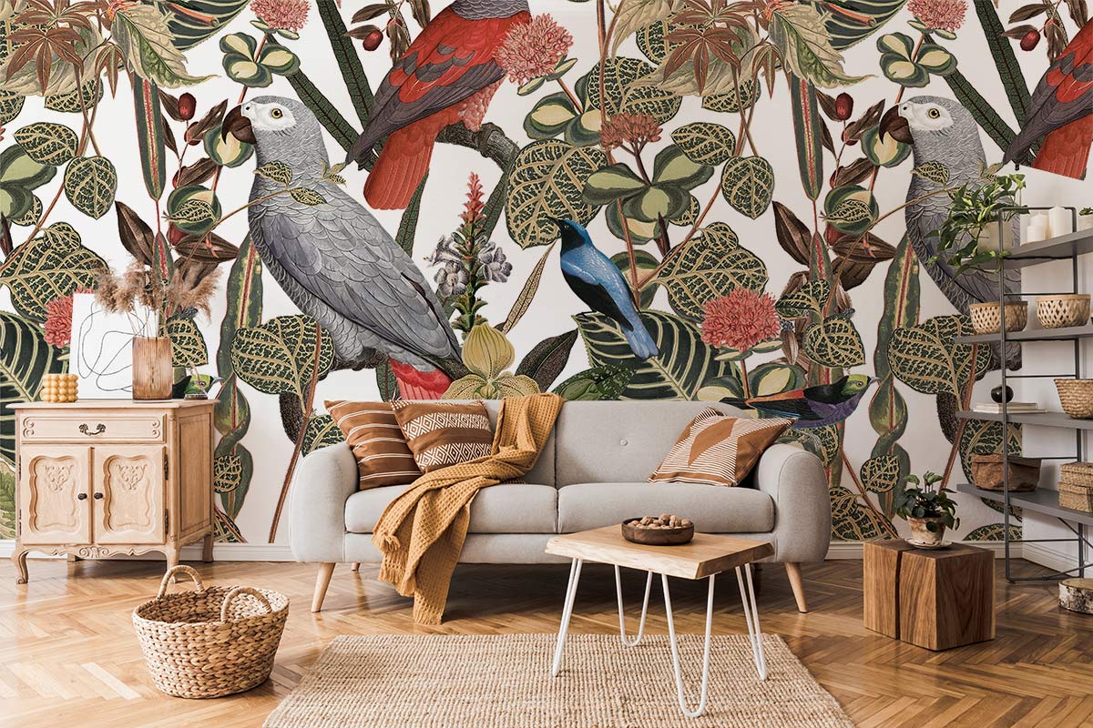 Tropical Parrots mural wallpaper in green, red; grey sofa, wooden sideboard, parquet flooring, living room.