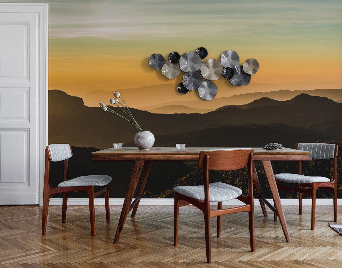 Golden Sunset Mountain Landscape Mural, dining room, wooden table, chairs, parquet flooring, nature decor.