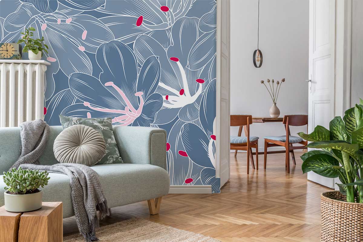 Serene Blue Floral Wallpaper with pink accents, light grey sofa, parquet flooring in stylish living room.