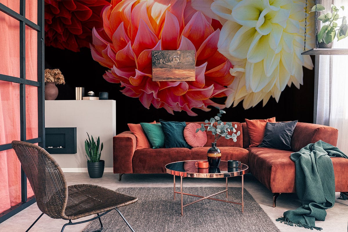 Elegant Dahlia Blooms Floral Mural Wallpaper in a modern living room with orange sofa and rug.