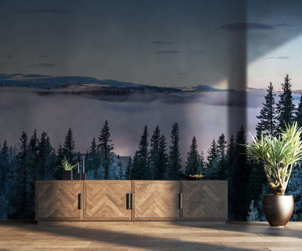 Mist-Covered Forest Scenic Mural Wallpaper with Frosty Mountain ...