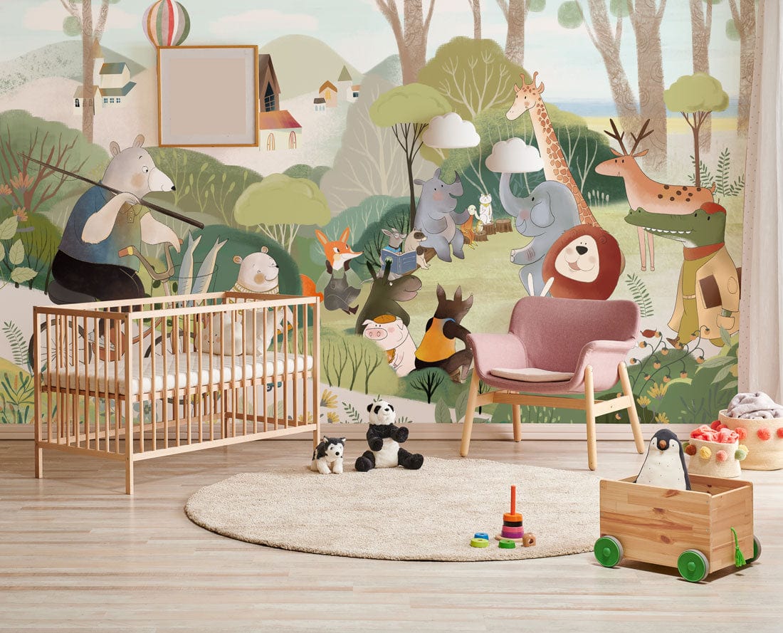Whimsical Forest Friends Adventure Mural Wallpaper with crib, pink armchair, wooden flooring, nursery decor.