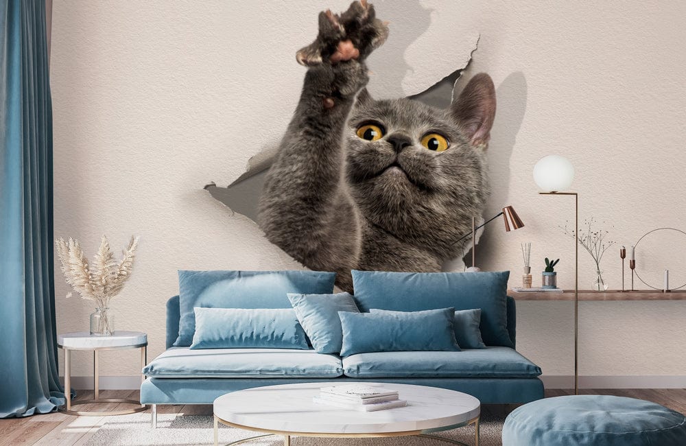 Grey Cat Peek-a-Boo 3D Mural, beige wall, blue sofa, living room interior design, playful decor.