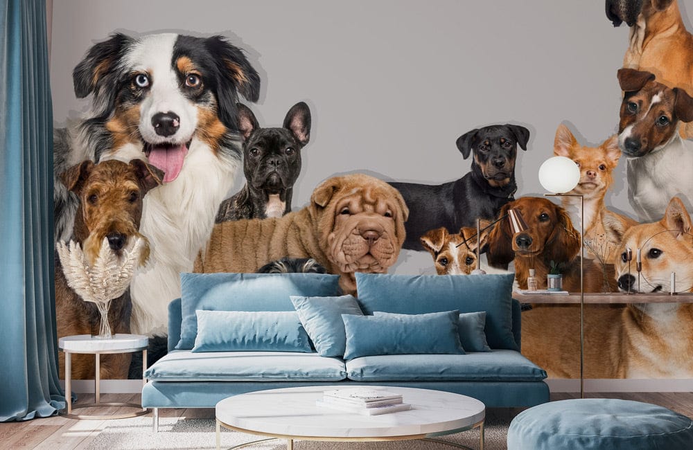 Charming Canine Paradise mural in lounge with blue sofa, light wood flooring, grey wall, lifelike dogs.