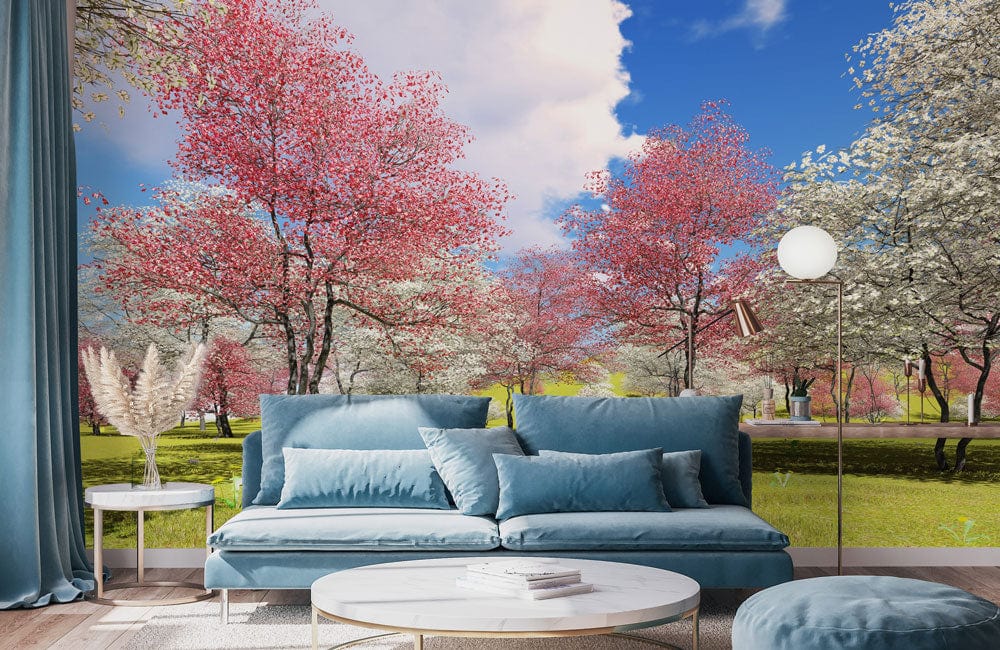 Springtime Blossom Mural with pink, white trees; blue modern sofa, round table, wooden flooring.