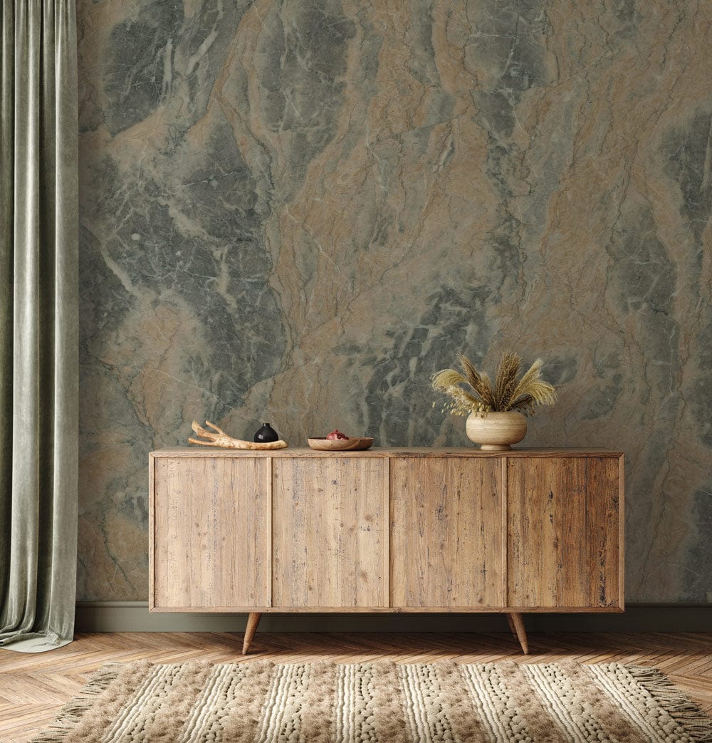 Natural Stone Effect Wallpaper; grey, earth tones. Wooden sideboard, textured rug, curtain, elegant room style.