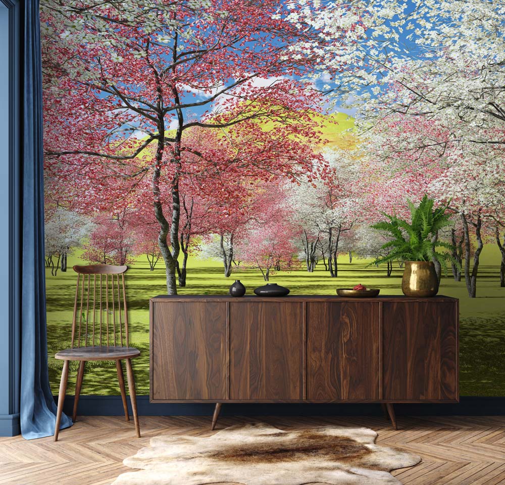 Spring Blossom Wonderland Mural Wallpaper adds elegance; wooden sideboard, vintage chair, and plush rug.