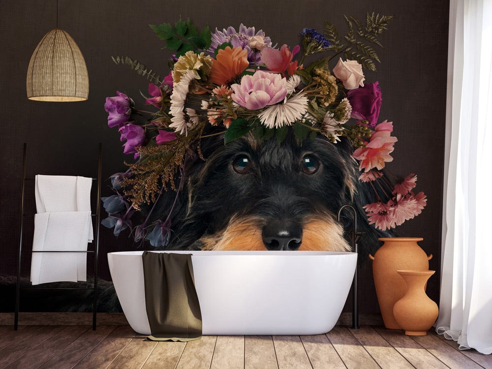 Whimsical Canine mural wallpaper in bathroom with white bathtub, wooden flooring, hanging lamp, and vase.