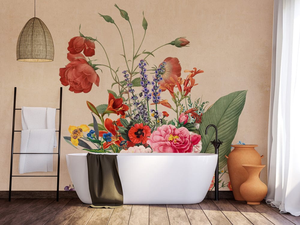 Vintage Floral Garden Mural Wallpaper adorning elegant bathroom with freestanding tub, wooden flooring, and clay vase.